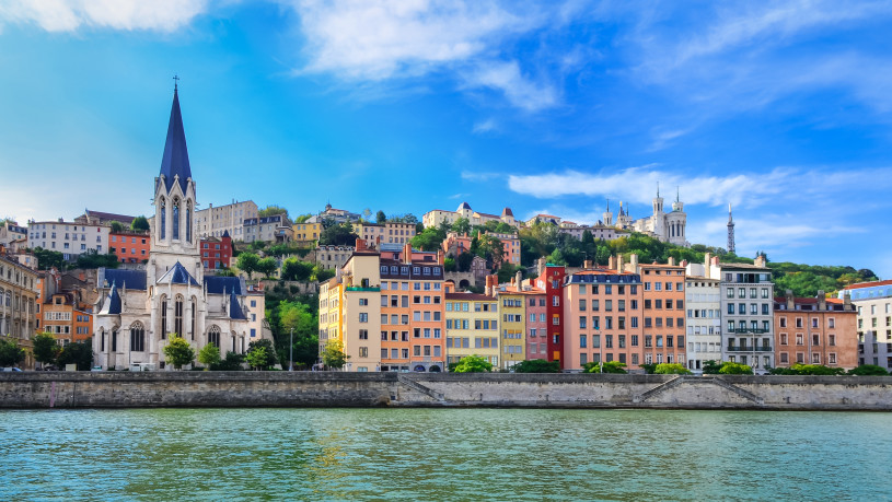 Lyon cityscape from Saone river with colorful houses